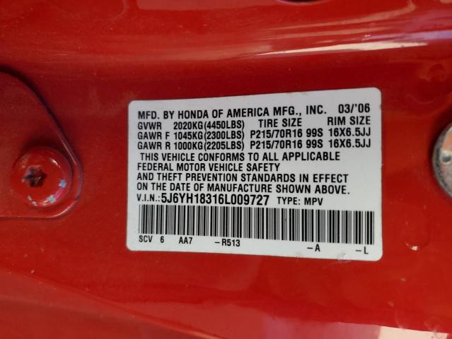 5J6YH18316L009727 - 2006 HONDA ELEMENT LX RED photo 12