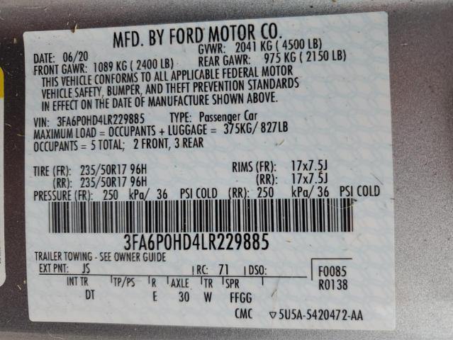 3FA6P0HD4LR229885 - 2020 FORD FUSION SE SILVER photo 12