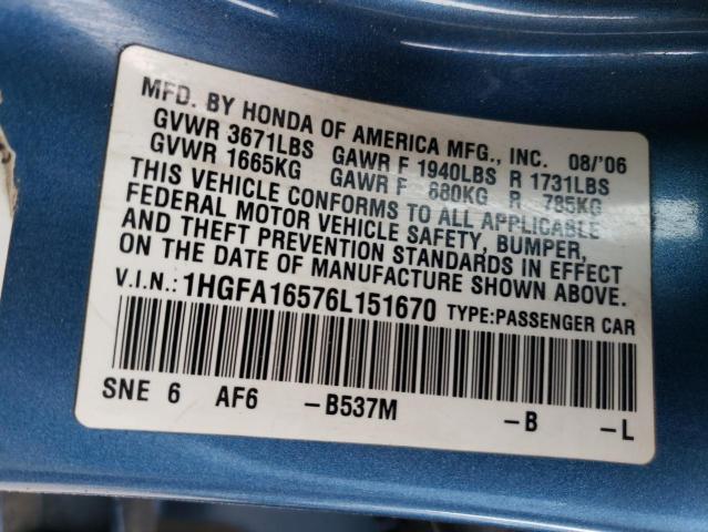 1HGFA16576L151670 - 2006 HONDA CIVIC LX BLUE photo 12