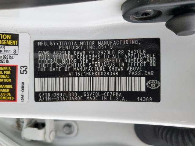 4T1BZ1HK6KU028368 - 2019 TOYOTA CAMRY XSE WHITE photo 12