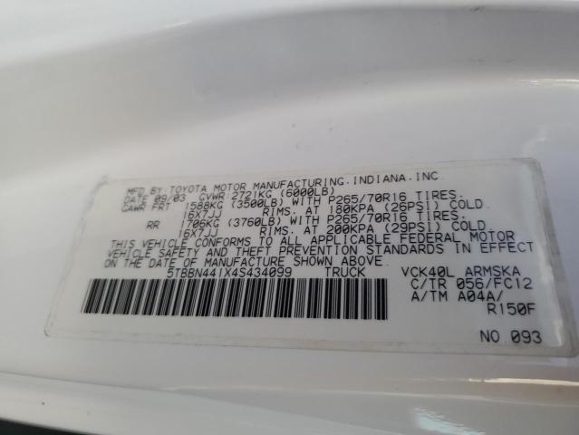 5TBBN441X4S434099 - 2004 TOYOTA TUNDRA ACCESS CAB SR5 WHITE photo 12