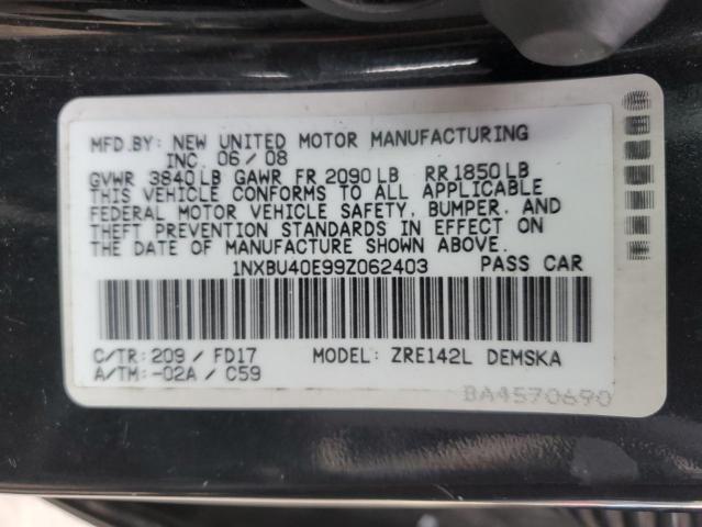 1NXBU40E99Z062403 - 2009 TOYOTA COROLLA BASE BLACK photo 12