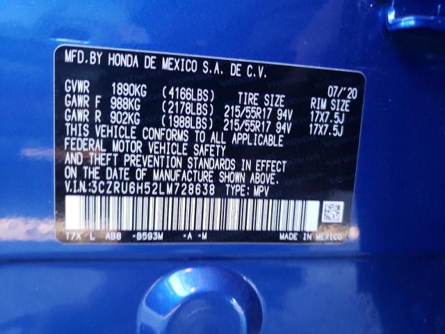 3CZRU6H52LM728638 - 2020 HONDA HR-V EX BLUE photo 12