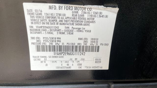 1FAHP2E96GG111242 - 2016 FORD TAURUS SEL BLACK photo 10