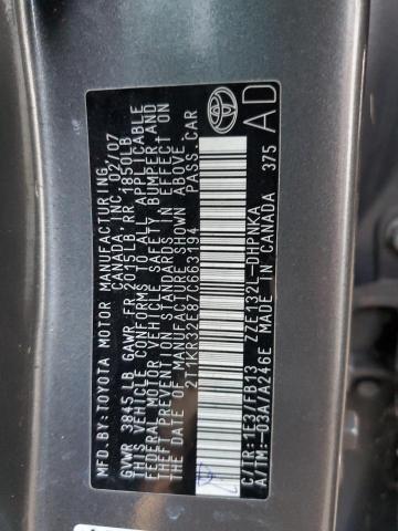 2T1KR32E87C663194 - 2007 TOYOTA COROLLA MA XR CHARCOAL photo 12