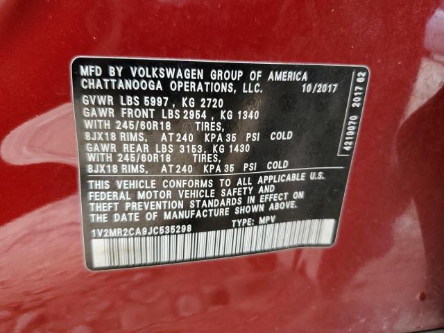 1V2MR2CA9JC535298 - 2018 VOLKSWAGEN ATLAS SEL RED photo 13