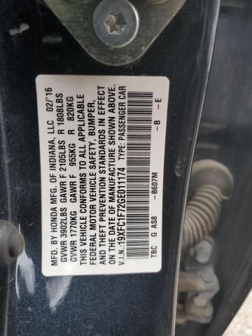 19XFC1F72GE011174 - 2016 HONDA CIVIC EXL ნაცრისფერი ფოტო 12