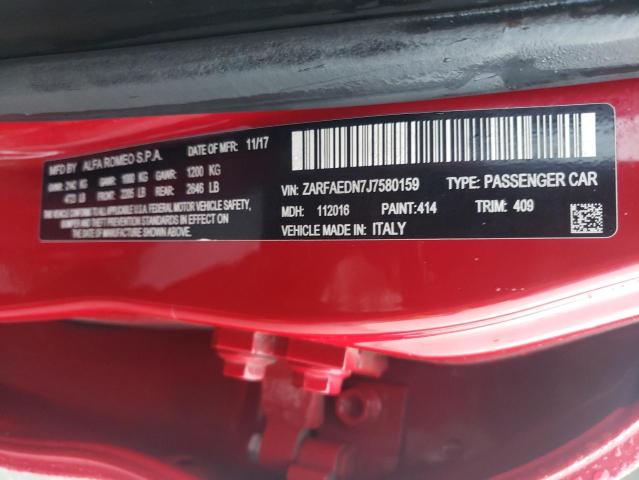ZARFAEDN7J7580159 - 2018 ALFA ROMEO GIULIA Q4 წითელი ფოტო 12