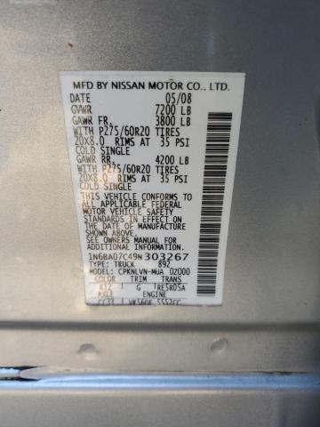 1N6BA07C49N303267 - 2009 NISSAN TITAN XE SILVER photo 12