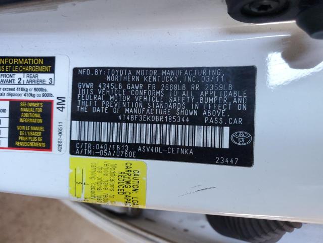 4T4BF3EK0BR185344 - 2011 TOYOTA CAMRY BASE WHITE photo 12