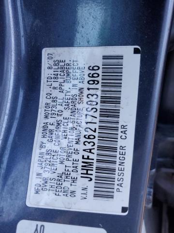 JHMFA36217S031966 - 2007 HONDA CIVIC HYBRID BLUE photo 12