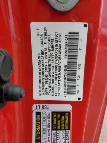 2HGFG3B07CH525515 - 2012 HONDA CIVIC EXL წითელი ფოტო 12