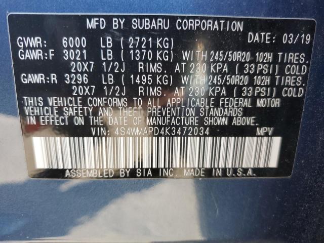 4S4WMAPD4K3472034 - 2019 SUBARU ASCENT LIMITED BLUE photo 13