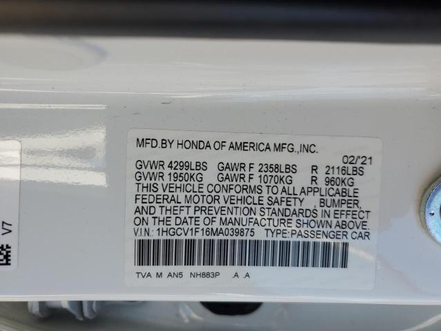 1HGCV1F16MA039875 - 2021 HONDA ACCORD LX WHITE photo 12