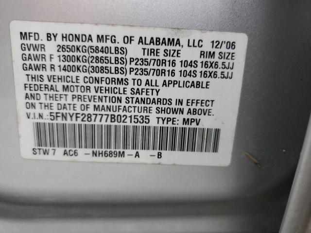 5FNYF28777B021535 - 2007 HONDA PILOT EXL SILVER photo 13