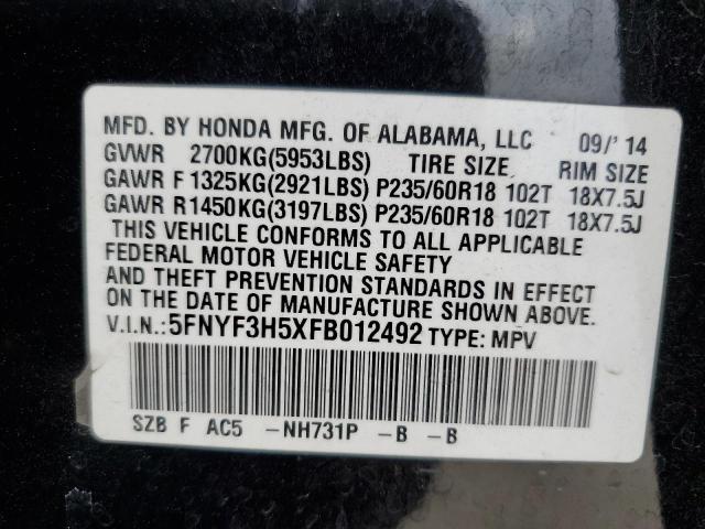 5FNYF3H5XFB012492 - 2015 HONDA PILOT EXL BLACK photo 12