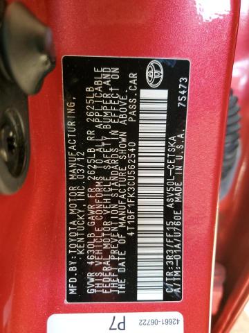 4T1BF1FK3CU562540 - 2012 TOYOTA CAMRY BASE RED photo 12