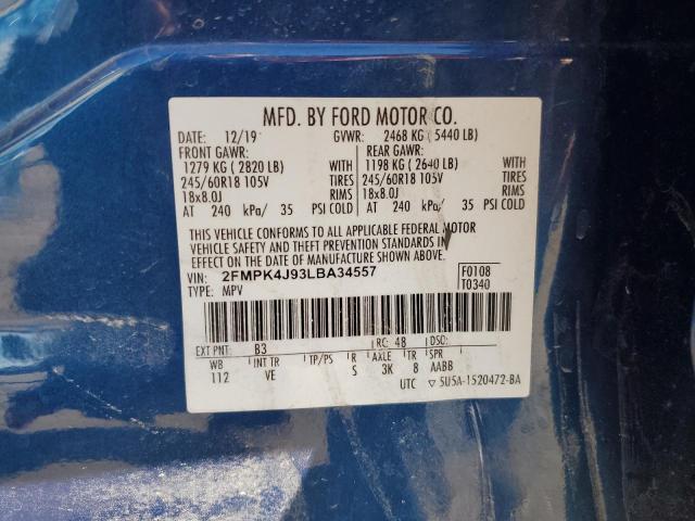 2FMPK4J93LBA34557 - 2020 FORD EDGE SEL BLUE photo 12