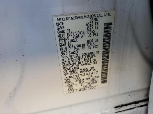 1N6BA07B67N242427 - 2007 NISSAN TITAN XE WHITE photo 12