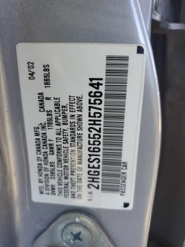 2HGES16552H575641 - 2002 HONDA CIVIC LX SILVER photo 12