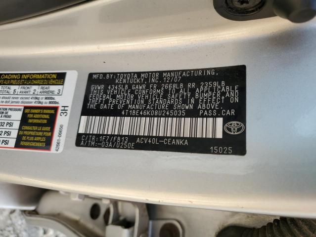 4T1BE46K08U245035 - 2008 TOYOTA CAMRY CE SILVER photo 12