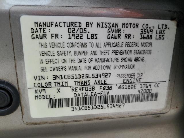 3N1CB51D25L534927 - 2005 NISSAN SENTRA 1.8 TAN photo 12