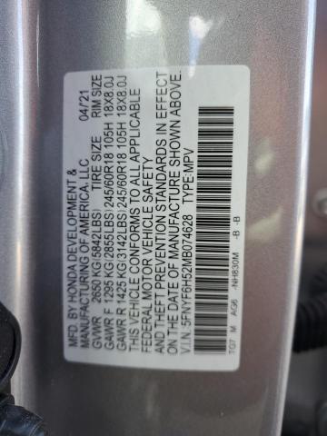 5FNYF6H52MB074628 - 2021 HONDA PILOT EXL SILVER photo 13