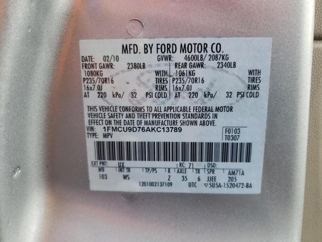 1FMCU9D76AKC13789 - 2010 FORD ESCAPE XLT SILVER photo 13