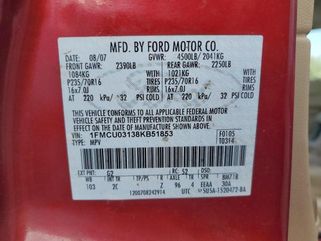 1FMCU03138KB51853 - 2008 FORD ESCAPE XLT RED photo 12