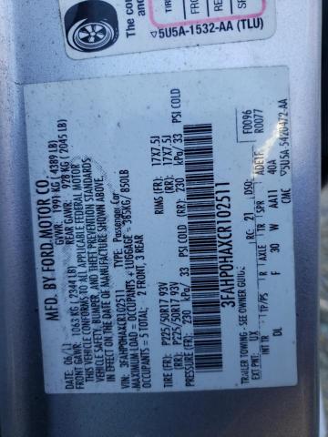 3FAHP0HAXCR102511 - 2012 FORD FUSION SE SILVER photo 13