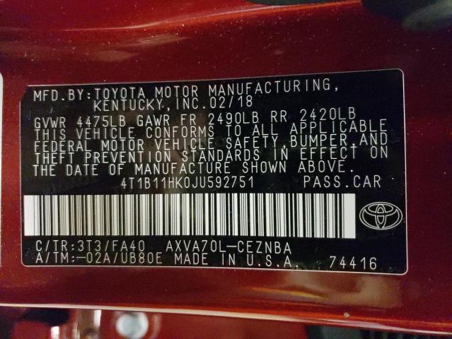 4T1B11HK0JU592751 - 2018 TOYOTA CAMRY L BURGUNDY photo 13