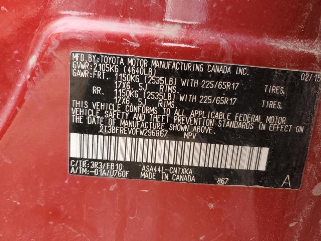 2T3BFREV0FW296867 - 2015 TOYOTA RAV4 LE RED photo 14