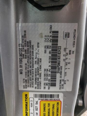 3FA6P0MU1KR182433 - 2019 FORD FUSION SEL SILVER photo 13