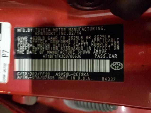 4T1BF1FK3EU786636 - 2014 TOYOTA CAMRY L RED photo 12