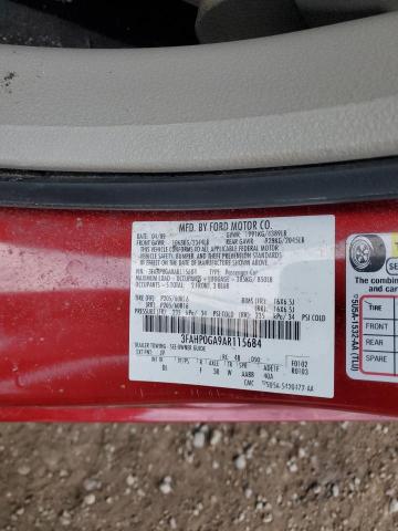 3FAHP0GA9AR115684 - 2010 FORD FUSION S RED photo 13