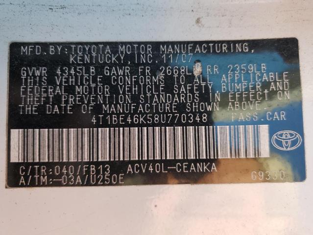 4T1BE46K58U770348 - 2008 TOYOTA CAMRY CE WHITE photo 12