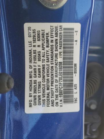19XFC1F7XLE018058 - 2020 HONDA CIVIC EXL Կապույտ լուսանկար 12