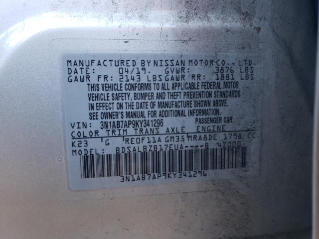 3N1AB7AP9KY341296 - 2019 NISSAN SENTRA S SILVER photo 12