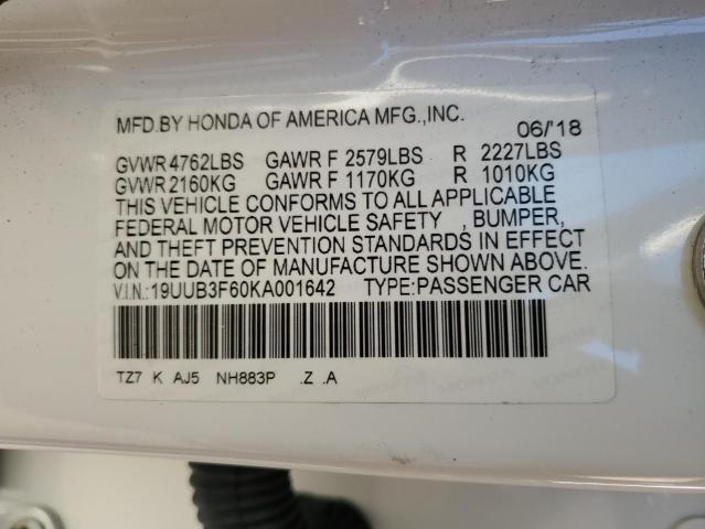 19UUB3F60KA001642 - 2019 ACURA TLX TECHNOLOGY WHITE photo 12