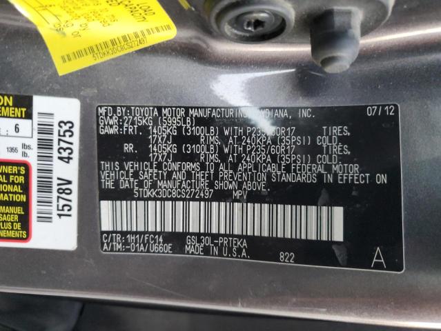 5TDKK3DC8CS272497 - 2012 TOYOTA SIENNA LE GRAY photo 13