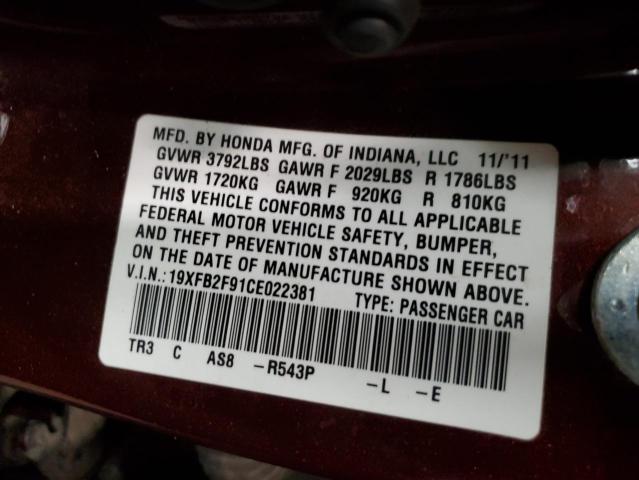 19XFB2F91CE022381 - 2012 HONDA CIVIC EXL BURGUNDY photo 13