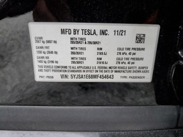 5YJSA1E68MF454643 - 2021 TESLA MODEL S შავი ფოტო 12