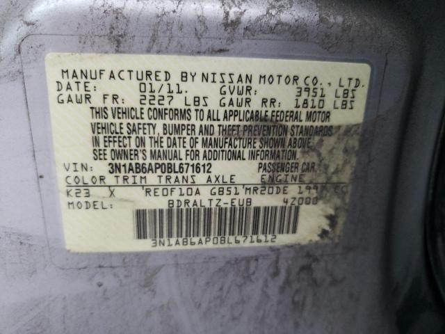 3N1AB6AP0BL671612 - 2011 NISSAN SENTRA 2.0 SILVER photo 12