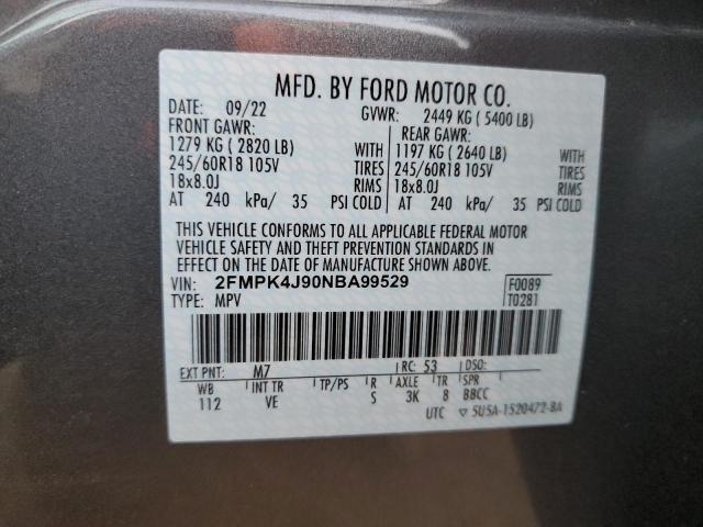 2FMPK4J90NBA99529 - 2022 FORD EDGE SEL GRAY photo 13