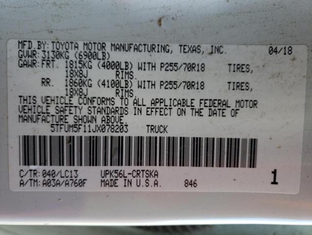 5TFUM5F11JX078203 - 2018 TOYOTA TUNDRA DOUBLE CAB SR/SR5 WHITE photo 12