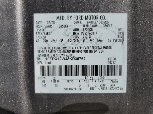 1FTRX12W48KD36762 - 2008 FORD F150 GRAY photo 12