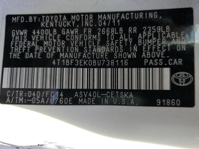 4T1BF3EK0BU738116 - 2011 TOYOTA CAMRY BASE WHITE photo 12