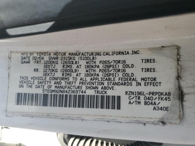 5TEGM92N84Z369744 - 2004 TOYOTA TACOMA DOUBLE CAB PRERUNNER WHITE photo 12