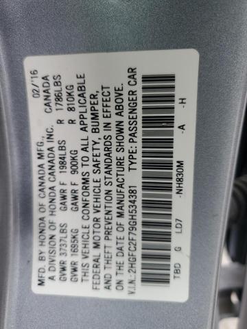 2HGFC2F79GH534381 - 2016 HONDA CIVIC EX SILVER photo 12