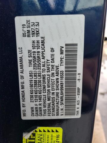 5FNRL6H99KB116533 - 2019 HONDA ODYSSEY ELITE Azul foto 13